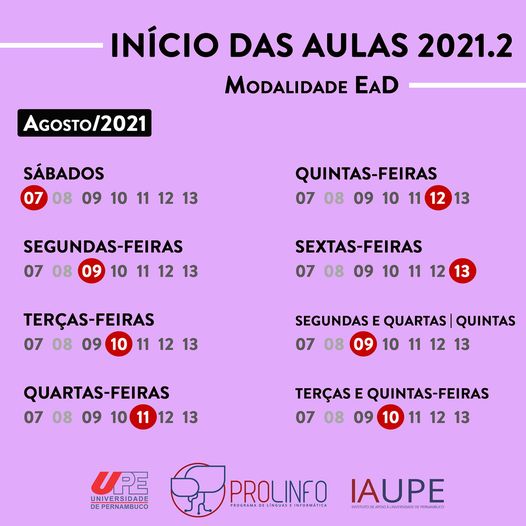 Calendário de início das aulas 2021.2